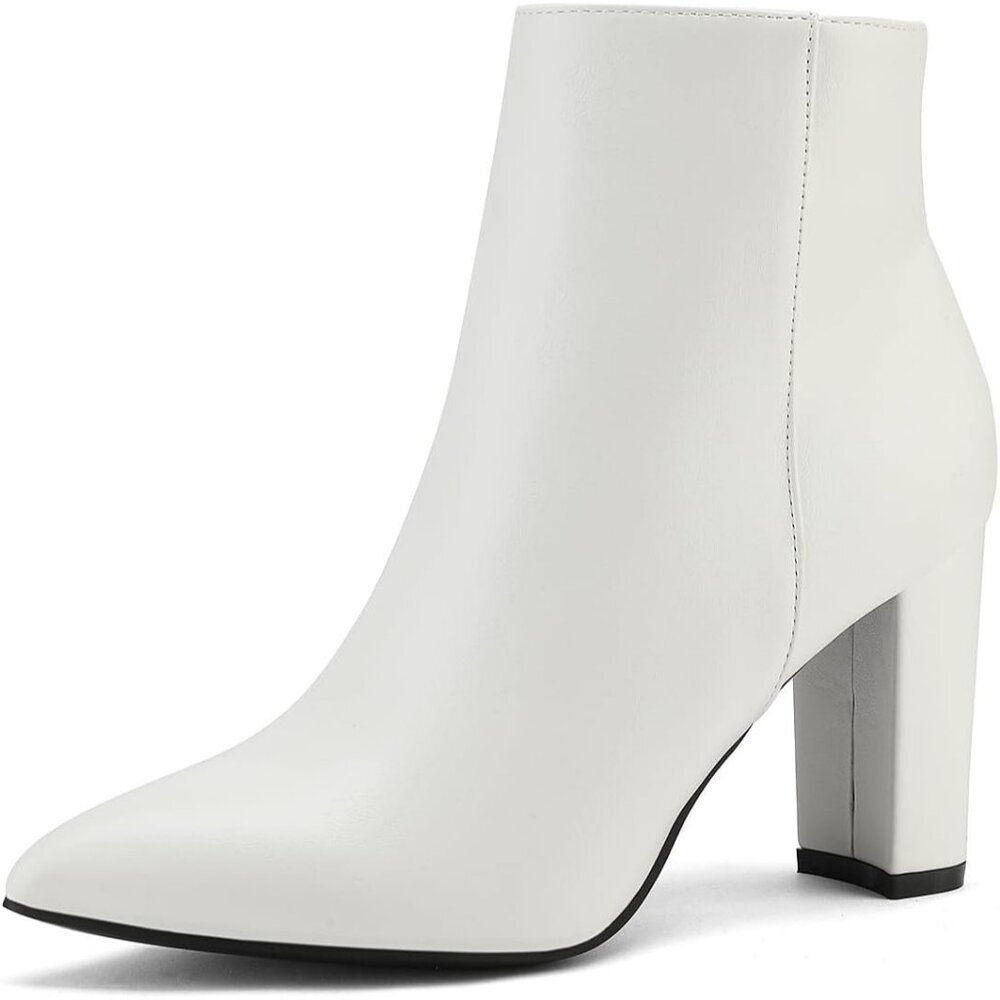Dream Pairs Women's White Pointed Toe Fur Lining Chunky Block Heel Ankle Booties